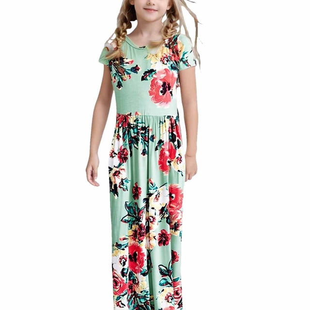 WEAIXIMIUNG Robes pour Filles 4T à 5T Robe Longue Maxi Décontractée Ample à Manches Courtes à Imprimé Floral avec Poches pour Fille 5-6 Ans