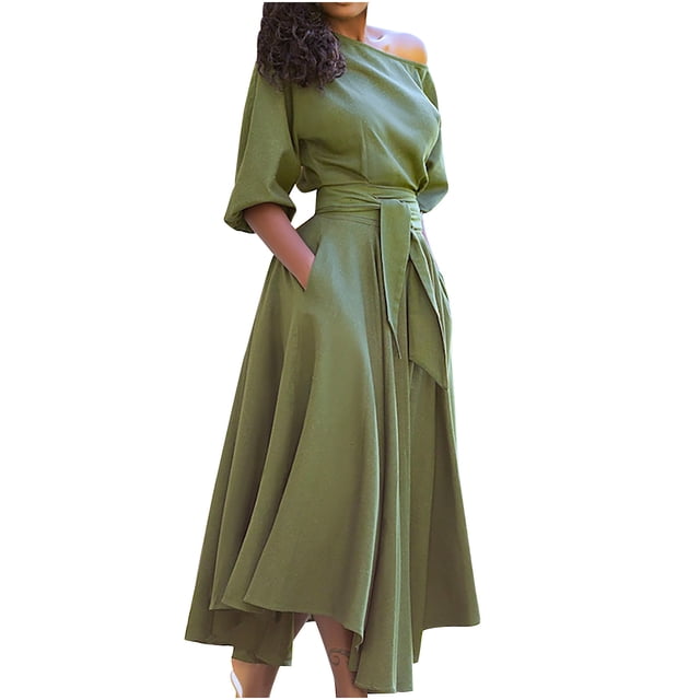 Robe Bandage pour Femmes Mode Femmes Décontractée Ample Bandage Manches Mi-Longues Uni Col en V Robe Longueur Cheville
