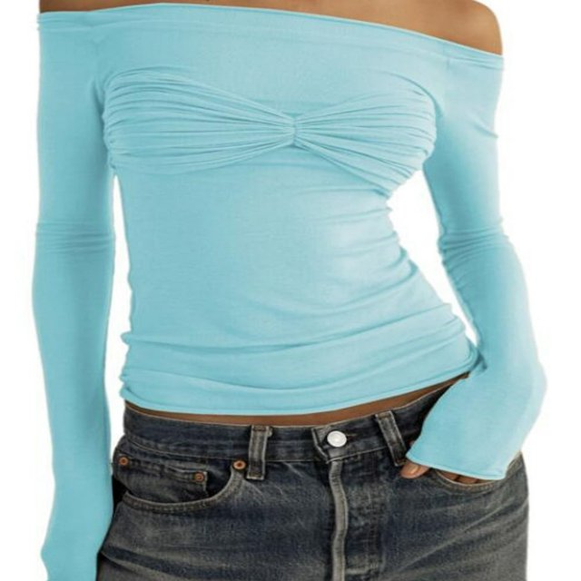 Women Tops Solid Color Off Shoulder Flared Long Sleeve T-Shirts