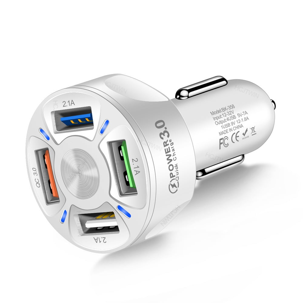 4 in 1 Car Charger Adapter 7A 35W USB Quick Charge Device with LED Light