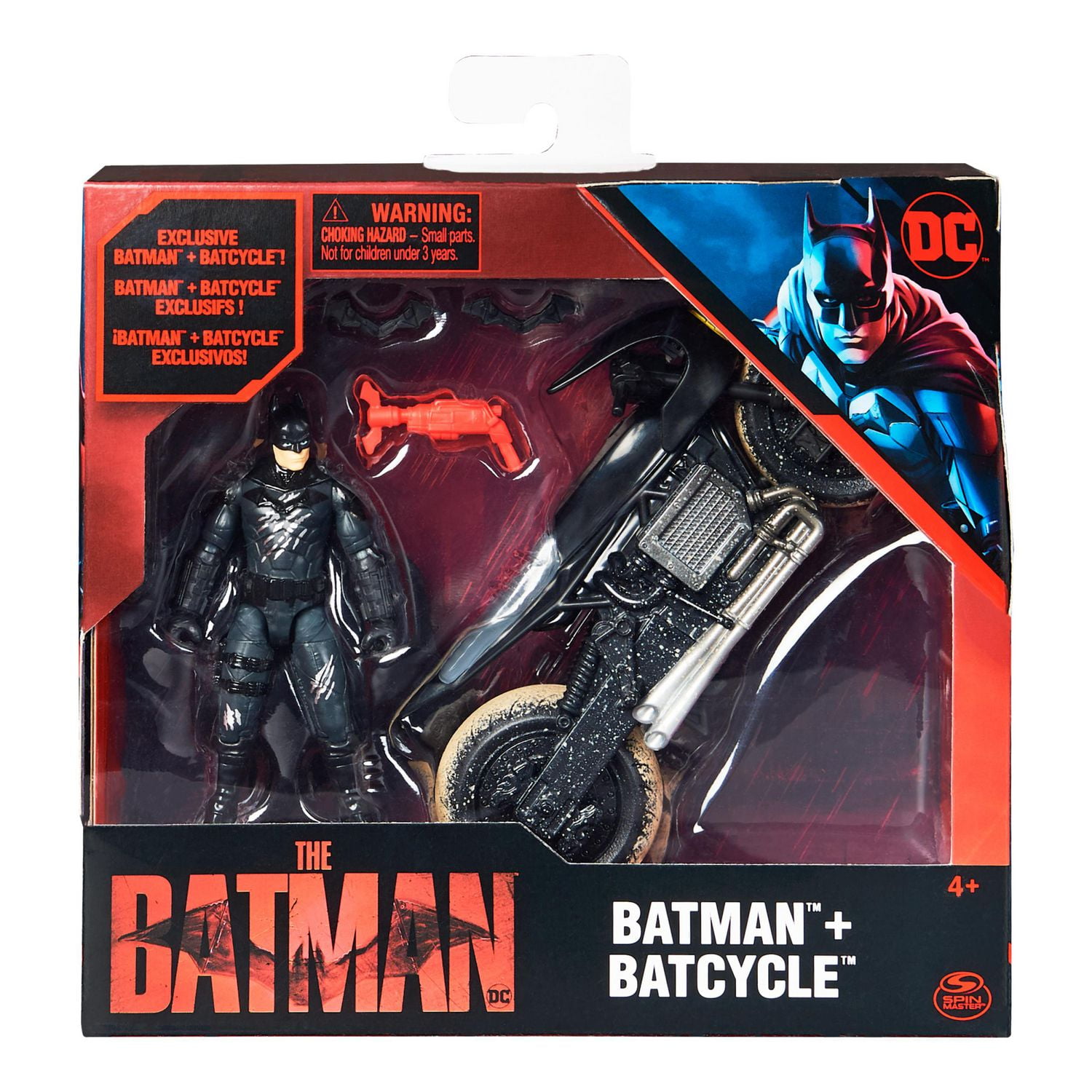 DC Comics, Coffret Batman Batcycle, Figurine Batman exclusive de 10 cm, Véhicule Batcycle, 3 accessoires, Pièce à collectionner du film Batman, Jouet pour garçons et filles à partir de 4 ans
