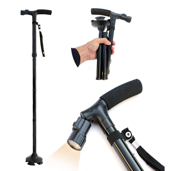 Folding Walking Cane Adjustable Cane with LEDs Light Cushion Handle Pivoting Quad Base for Elderly
