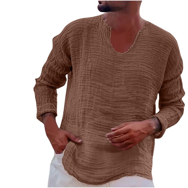 Yuyuzo Long Sleeve Shirts for Men Spring Fall Loose Casual V Neck Lightweight Solid Color Tee Tops