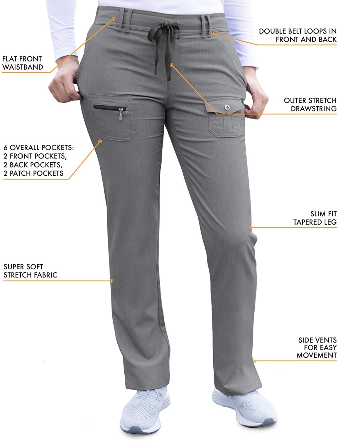 Adar Pro Heather Sarraus pour Femmes - Pantalon de Sarrau Fuselé Coupe Ajustée - P4100H - Gris Chiné - L