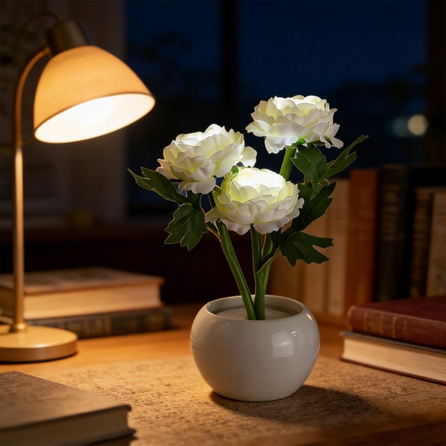 weibbin Ceramic Flower Pot LED Night Light USB Desk Lamp for Bedroom Home Decor, 9.45x3.54 Inches, White