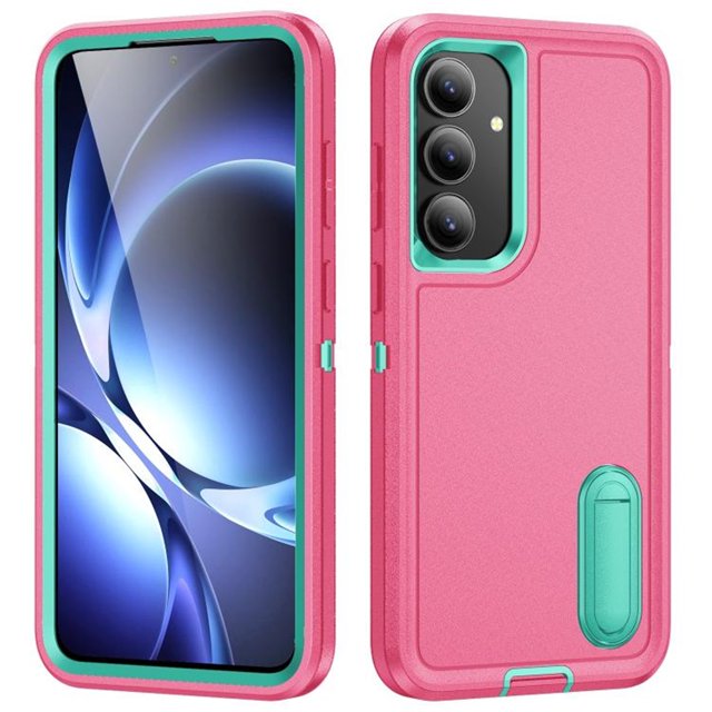 Samsung Galaxy S25 FE 5G case in a vibrant pink and teal colour combination, featuring a built-in hidden kickstand. This heavy-duty, military-grade protective cover is designed for the 6.7-inch Samsung Galaxy S25 FE 5G. The case offers triple-layer shockproof protection with raised edges for screen and camera safety, non-slip edges, and dustproof port covers. The slim design ensures easy portability while providing ergonomic viewing angles with the adjustable kickstand.