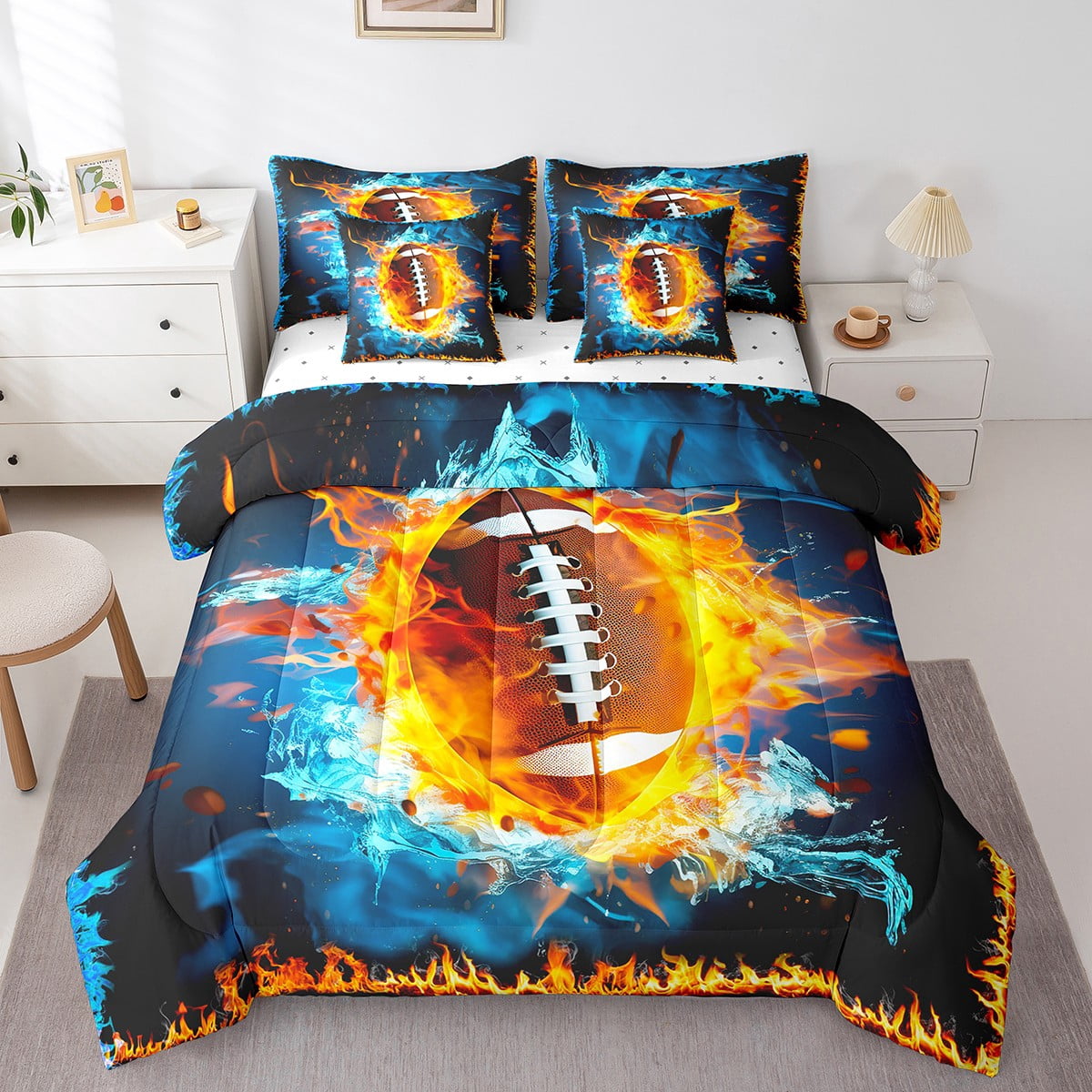 YST 7 Pcs Comforter Set Queen Size, American Football Bed In A Bag With Flat Sheet And Fitted Sheet For Kids Teens Adults, Rugby Ice And Fire Bedding Set With Pillowcases & Shams, Blue Gold