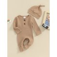 thumbnail image 3 of EYIIYE Infant Baby Girls Boys Basic Romper 0-6M Newborn Long Sleeve Bodysuit Crew Neck Overalls Solid Color Ribbed Button Jumpsuit with Hat Spring Autumn, 3 of 9