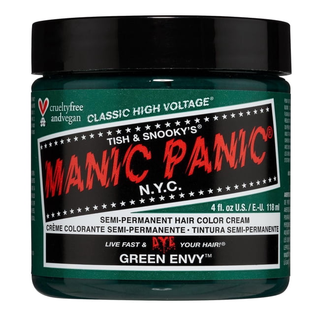 Manic Panic Crème Colorante Capillaire Semi-Permanente Green Envy en Pot Vert avec Couvercle Noir, Mettant en Vedette le logo de la Marque Rouge et une Étiquette Végane Sans Cruauté, Conçue pour une Décoloration Progressive des Cheveux Durant jusqu'à 6 Semaines, Format 4 fl oz.