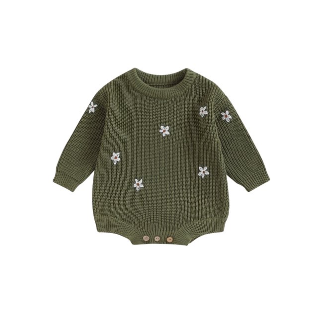 FOCUSNORM Infant Baby Girl Knitting Jumpsuit Flower Embroidery Round Neck Long Sleeve Romper for Fall Winter