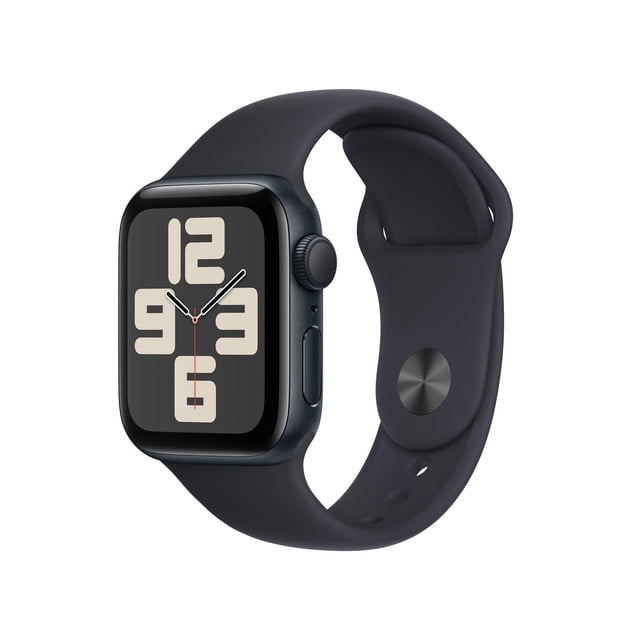 Apple Watch SE (GPS, 2e Génération) en Vue Profil 3/4 avec Boîtier en Aluminium Bleu Foncé et Bracelet sport, Affichant un Cadran Numérique avec de Grands Chiffres Beiges et des Aiguilles Analogiques, Conçue pour le Suivi de la Condition Physique et la Gestion des Appels depuis le Poignet.