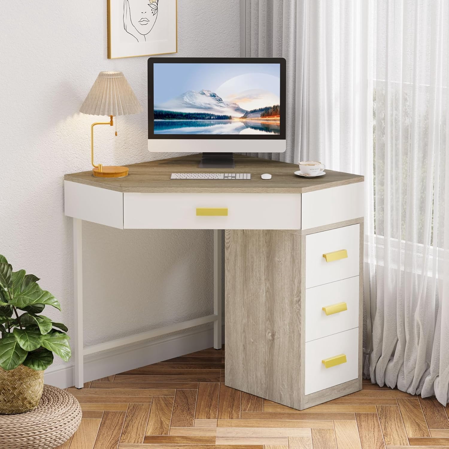 Tribesigns Triangle Corner Desk with 3 Drawers, 90-Degree Computer Desk PC Table Makeup Vanity for Home Office, Living Room, Bedroom (Grey+White)