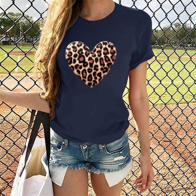 Soki T-Shirts Décontractés pour Femmes à Imprimé Léopard, Col Rond, Manches Courtes