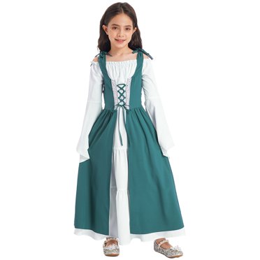 Xnihocha Girls Medieval Renaissance Retro Gown Kids Halloween Long Flare Sleeve Lace Up Maxi Long Dress Green 6