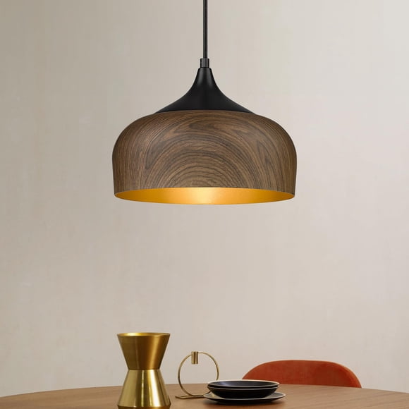 ELYONA Modern Pendant Light Walnut Wooden Pattern Dome Pendant Light Fixture Matte Black Metal Gold Inner Finish Adjustable Hanging Lighting for Kitchen Island Dining Room Office