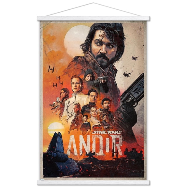 Star Wars : Andor - Affiche Murale sur une Feuille, 22,375 Po x 34 Po, Présentant un collage de Personnages de la Série avec un Grand Soleil et un Petit Soleil en Arrière-Plan. l'Affiche Comprend des Combattants TIE, des stormtroopers et des Vaisseaux Spatiaux, avec le Titre « Andor » en Lettres Blanches Audacieuses au Bas. Imprimée sur Papier Lustré, Idéale pour la Déco de la Maison.