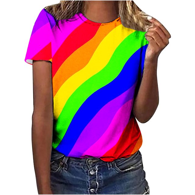 Penkiiy T-Shirt Coloré pour Femme Arc-en-Ciel Col Rond Manches Courtes Chemise Basique Haut Blouse S Multicolore
