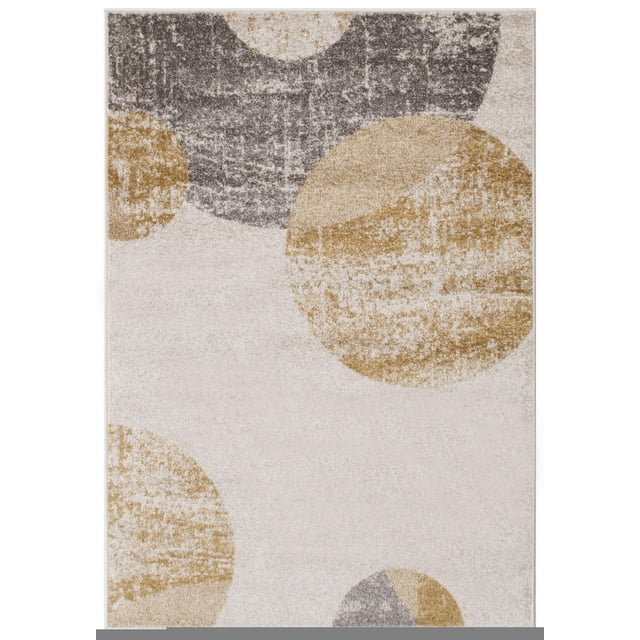 ECARPET Area Rug for Dining Room, Living Room, Bedroom Bellagio Collection with a modern abstract design featuring large muted gold and charcoal circles on a beige background, power-loomed polypropylene construction for durability and easy care, ideal for high-traffic spaces and versatile room use.