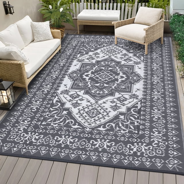 HOMERRY 9' x 12' Gray White GeometricFloral Outdoor Rug Straw Plastic Area Rug for Balcony Pool RV Waterproof Reversible Carpet