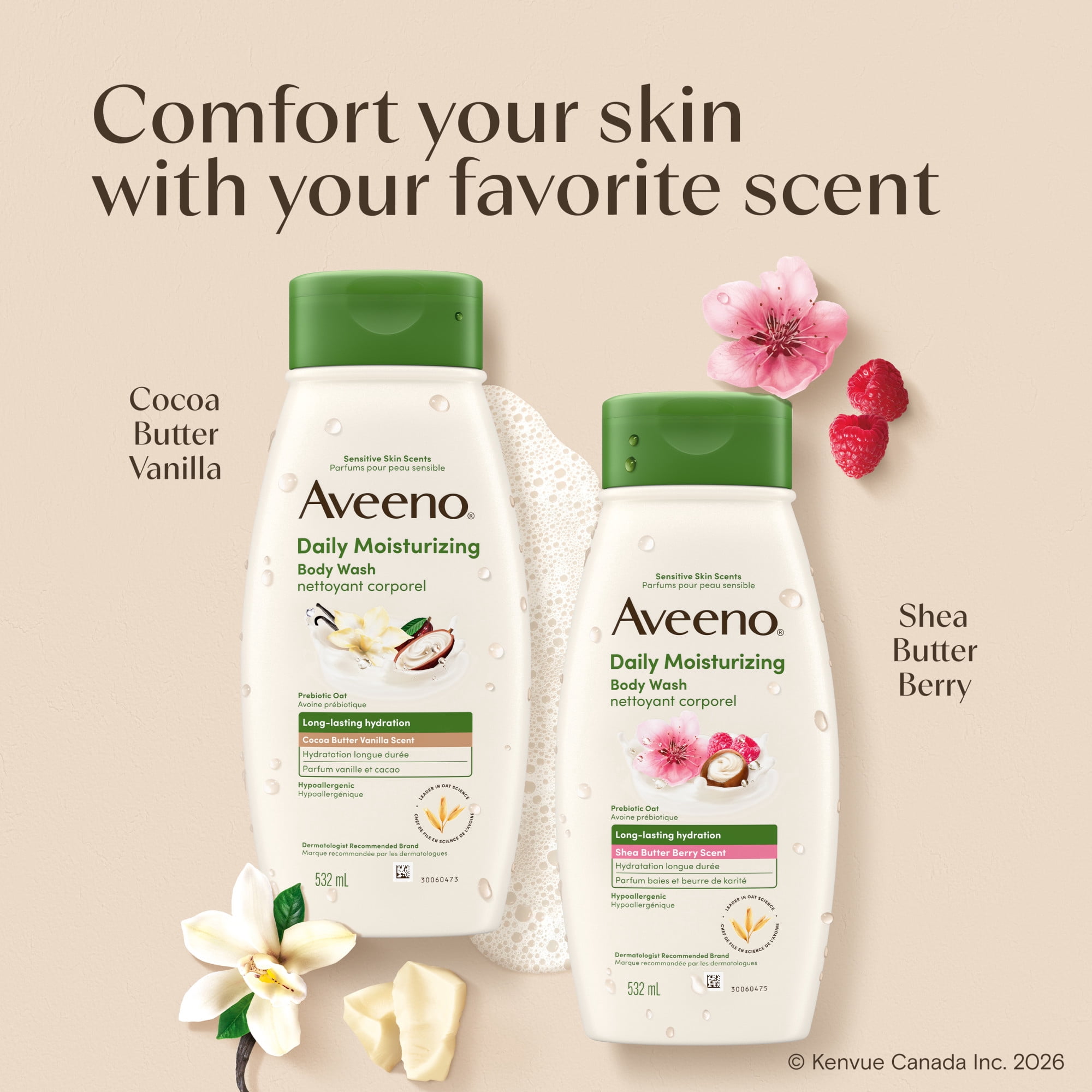 Aveeno Daily Moisturizing Body Wash Shea Butter Berry Scent & Soothing Prebiotic Oat, Provides Long-Lasting Hydration for Sensitive Skin, Hypoallergenic, Paraben-Free, 532 mL