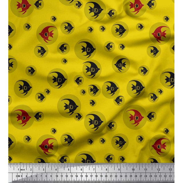 Soimoi Yellow Poly Georgette Fabric Fish Ocean Fabric Prints By Yard 52 Inch Wide