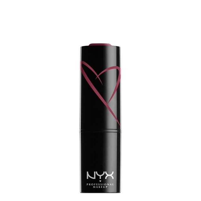 NYX Professional Makeup Shout Loud Satin Lipstick in a black tube with a pink heart design and deep berry lipstick tip, delivering rich satin color with up to four hours hydration and infused with mango and shea butter, suitable for bold lip looks.