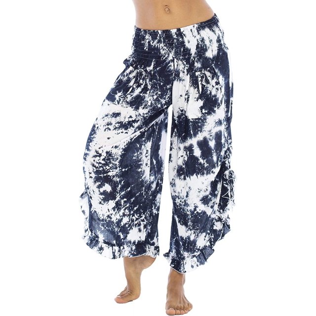 Snoarin Summer Plus Size Womens Plus Size Capris Women's Casual Pants With Eastic Waist, Solid Color Splashed Ink Print, Tie Dyed Ink, Seven Point Loose Wide Leg Pants Trousers for Women on Clearance