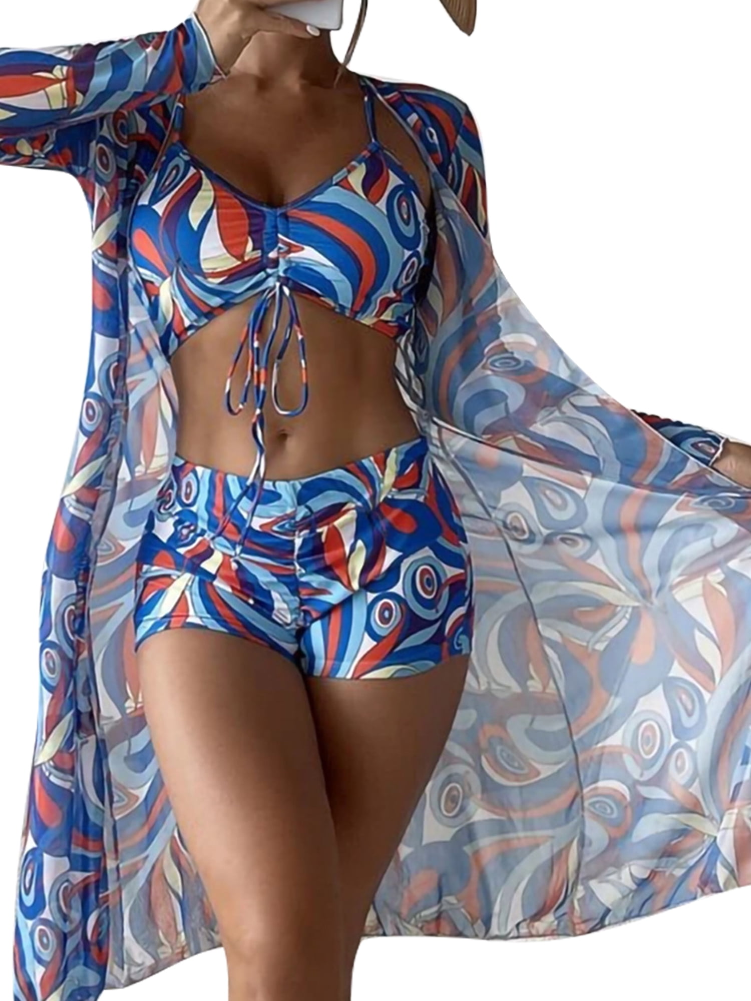 MAWCLOS Women Bathing Suit Ruched Swimsuit Three Pieces Swim Bikini Set Push Up Seaside Floral Print Swimming Suits Dark Blue M