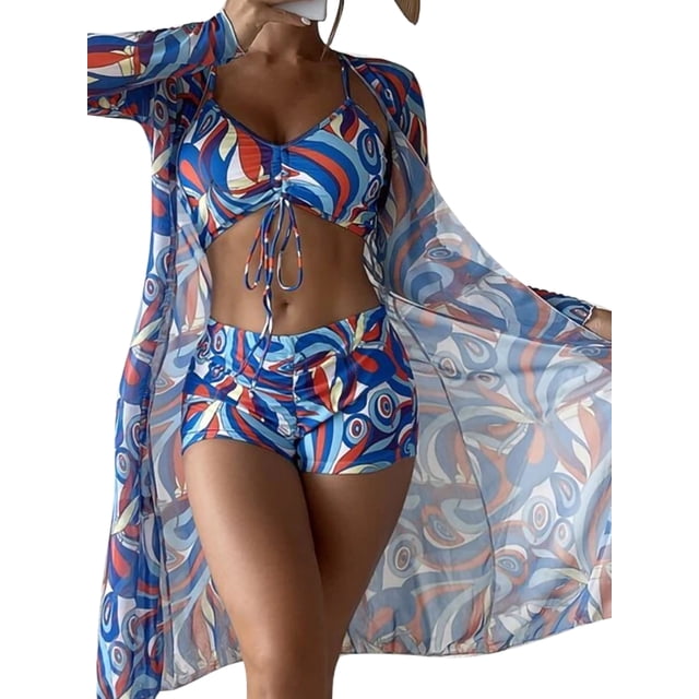 MAWCLOS Women Bathing Suit Ruched Swimsuit Three Pieces Swim Bikini Set Push Up Seaside Floral Print Swimming Suits Dark Blue M