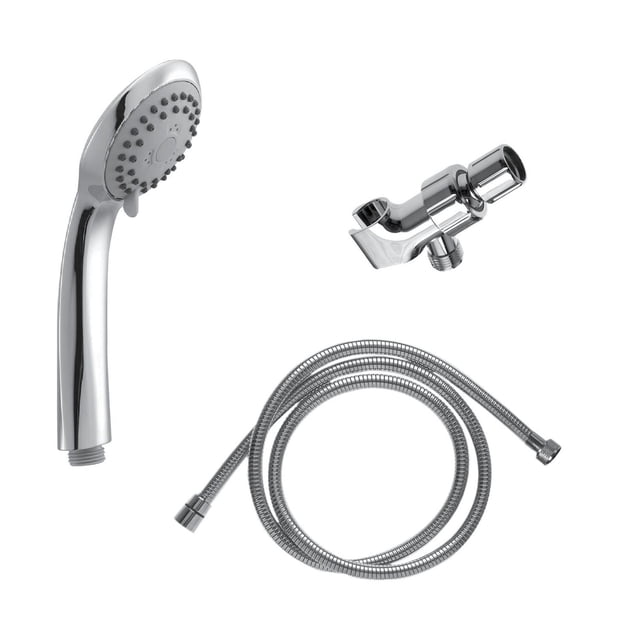 Le akuaplus® - Trousse 3 Réglages Douchette à Main avec Support de Bras de Douche Comprend une Douchette à Main Chromée avec Trois Réglages de Jet, un Tuyau flexible de 59 Po en Acier Inoxydable avec Raccords en Laiton, et un Support de Bras de Douche Chromé avec un Régulateur de Débit pour l'Efficacité de l'Eau.