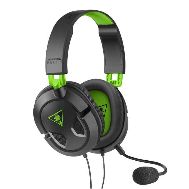 TURTLE BEACH® RECON 50X Gaming Headset for Xbox One & Xbox Series X featuring a black matte over-ear design with neon green accents on the inner headband and ear cups, padded cushions, adjustable headband, detachable high-sensitivity microphone with foam windscreen, and 3.5mm connection compatible with Xbox and PC devices.