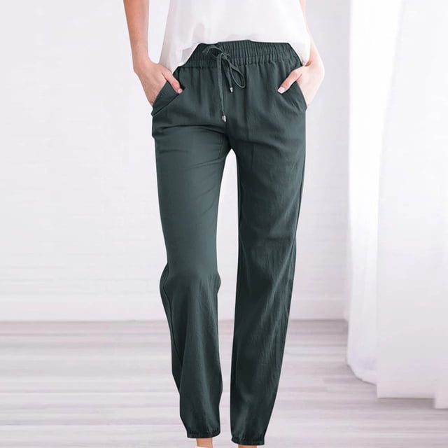 RKSTN Womens Pants Woman Solid Color Cotton And Linen Drawstring Elastic Waist Long Straight Pants Soft Loose Straight Leg Hiking Pants