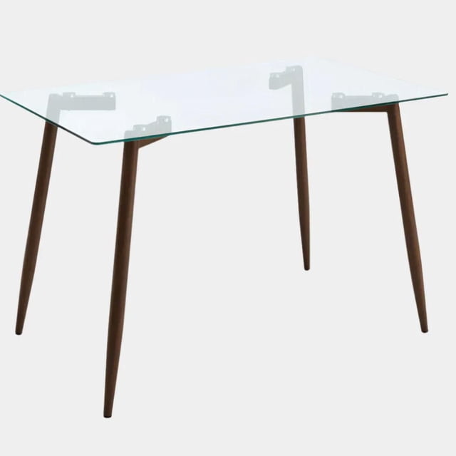 Abbot Rectangular Dining Table with a clear tempered glass top and four tapered faux walnut metal legs, measuring 29.13 inches high, 55 inches wide, and 31.5 inches deep, ideal for seating six and enhancing modern dining areas.