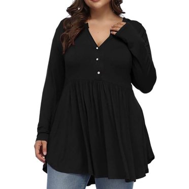Fridja Haut à Manches Longues pour Femmes, Col en V, Boutonné, Plié, Grande Taille