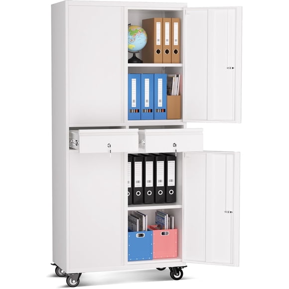 73 inch Steel Storage Cabinet with Wheels Lockable, 2 Drawer Adjustable Shelf Metal Tool Organizer with Locking Doors, 200 lbs per Shelf for Garage Workshop Home Office, White/Black