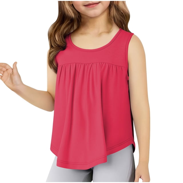 Débardeurs Unis à Ourlet Volanté pour Filles, Hauts Sans Manches à Col Rond pour Enfants, 4-14 Ans, T-Shirts Décontractés