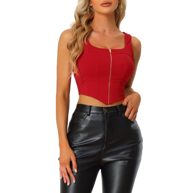 INSPIRE CHIC Women's Top Square Neck Asymmetrical Hem Zip Front Tank Corset Tops M Red