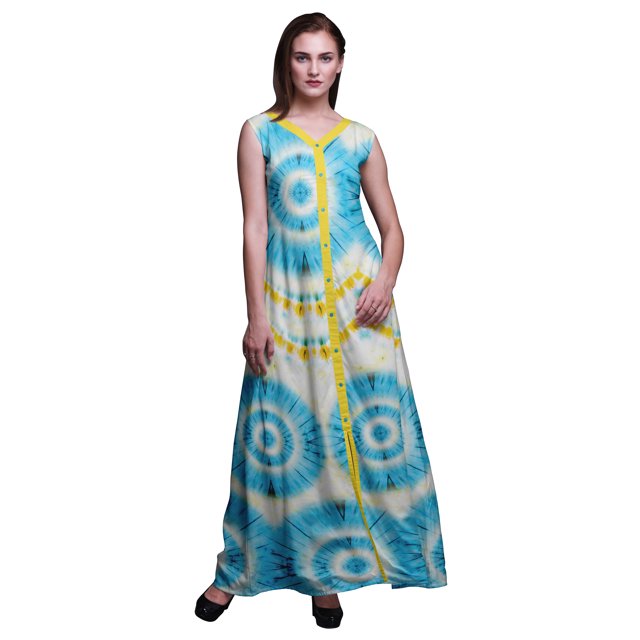 Bimba Robe Maxi Sans Manches Teinture sur Nœuds pour Femmes, Longue, Florale, de Soirée, à Encolure en V, Fendue devant - Medium
