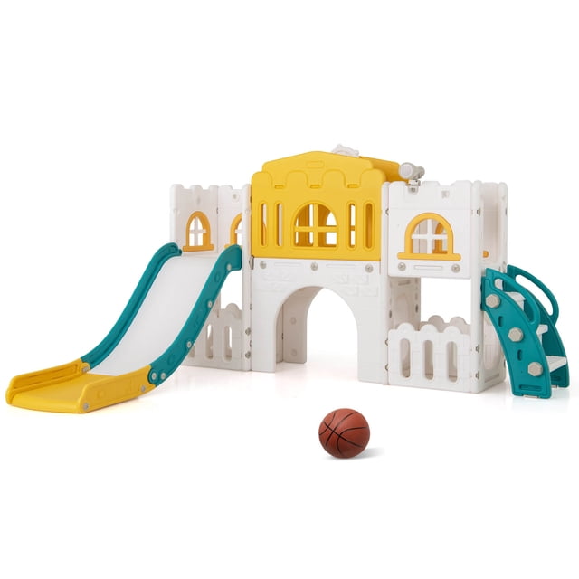Costway All in 1 Toddle Slide Playset featuring a freestanding design in yellow, green, and white. This multifunctional playset includes a slide with acceleration, deceleration, and buffer zones, a crawling tunnel, basketball hoop, telescope, climber, hiding spot, steering wheel, and storage area. The structure has a triangle-shaped design with heightened handrails, non-slip pedals, and enclosed steps for safety. Made from HDPE materials, it is suitable for children aged 1-3 years and supports up to 110 lbs. A basketball is included.