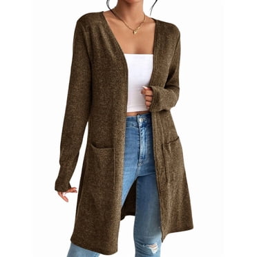 Cardigan Sweaters for Women Open Front Cardigan Casual Loose Fall Sweater with Pockets Brown S