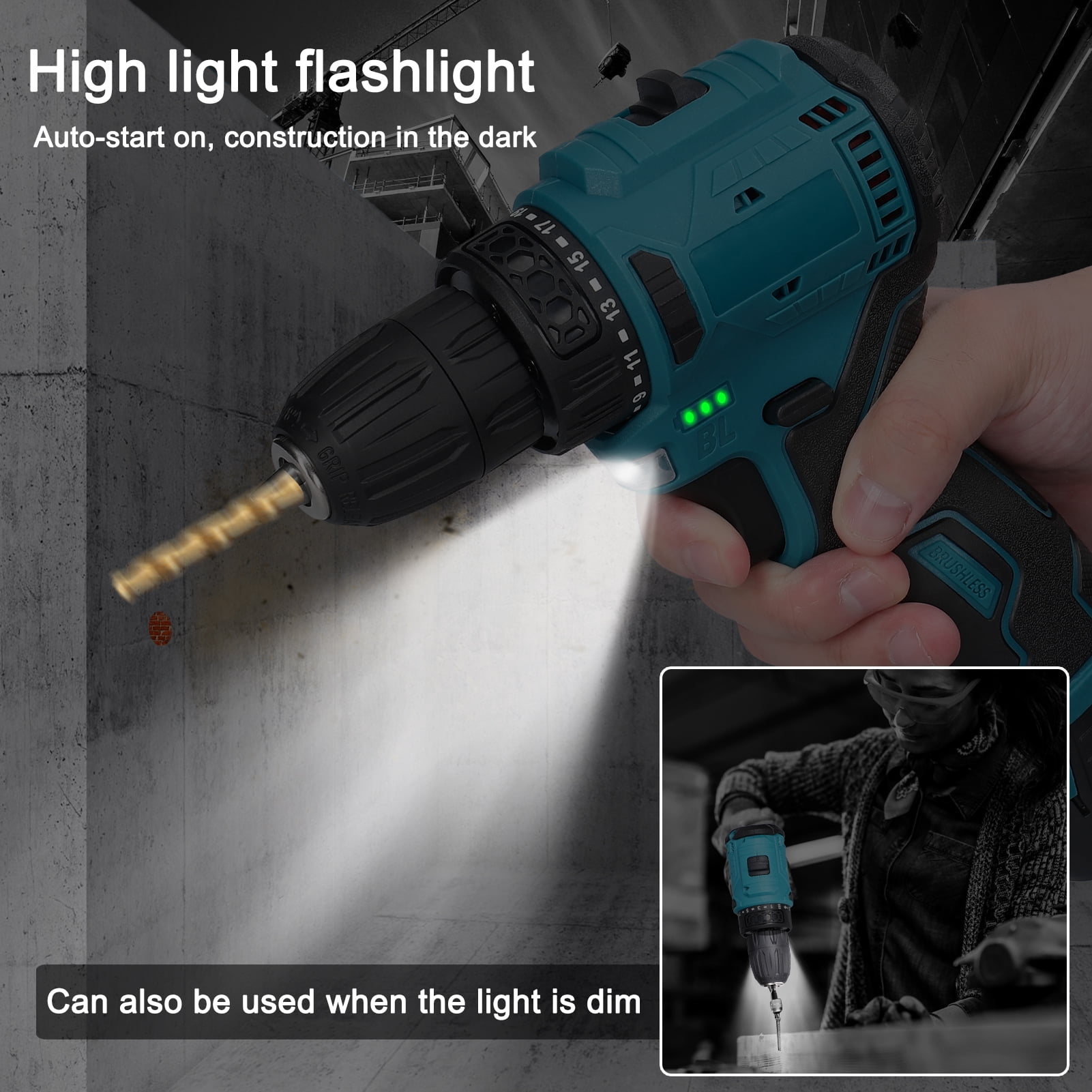16.8V Lithium Drill, Cordless Driver Drill Household Electric , Brushless Motor, 2 Speed Gears, LED Working Light for Construction, Wood