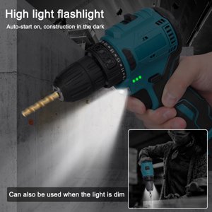 16.8V Perceuse au lithium, perceuse à conducteur sans fil électrique , Moteur sans brosse, 2 vitesse, LED Lampe de travail pour la construction, le bois