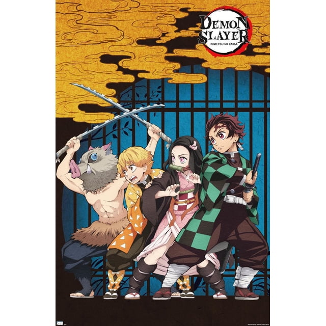 Demon Slayer - Affiche Murale d'Art de Groupe, 22,375 Pouces x 34 Pouces Mettant en Vedette Quatre Personnages d'Anime en poses Dynamiques sur un Fond à Grille Bleue avec des Nuages Stylisés Dorés. Parmi les Personnages Figurent une Figurine Musclée avec un Masque de Sanglier Tenant des Épées Croisées, un Personnage blond dans un haori orange, une Fille dans un kimono Rose et un Garçon dans un haori à Carreaux Vert et Noir avec une Épée. Imprimée sur Papier Lustré,