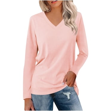 AherBiu Women's Tops Long Sleeve V Neck Fall Loose Fitting Basic Tee Comfy Solid Color T Shirts Clothes