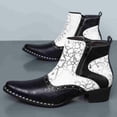 thumbnail image 3 of Men's Western-Inspired Ankle Boots, Two-Tone Patterned Chelsea Boots with Zipper & Studs, Pointed Toe Block Heel, and Cracked Leather Print, 3 of 6