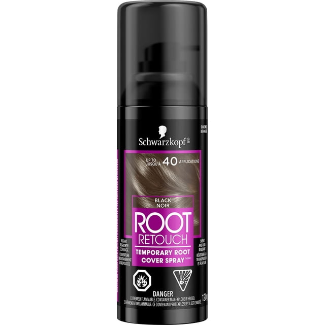 Schwarzkopf Root Retouch Temporary Root Cover Spray in Black, a black glossy spray bottle with a purple label indicating up to 40 applications, offering instant regrowth coverage and sweat and rain resistance for temporary root touch-ups, featuring a precise spray applicator and flammable warning icons.