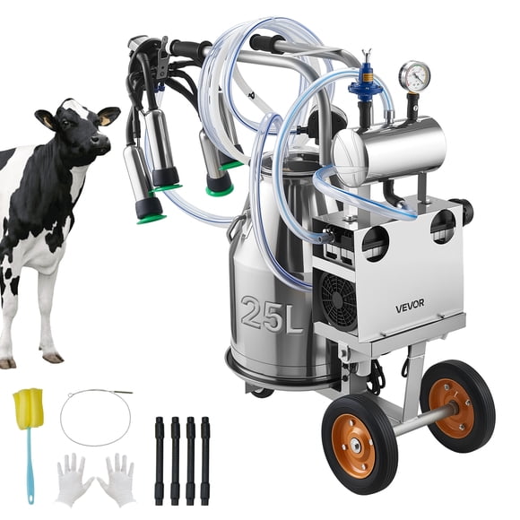 VEVOR Electric Cow Milking Machine, 6.6 Gal / 25 L 304 Stainless Steel Bucket, Food-Grade Teat Cups and Silicone Hose, Electric Milker Machine with Wheels for Cow