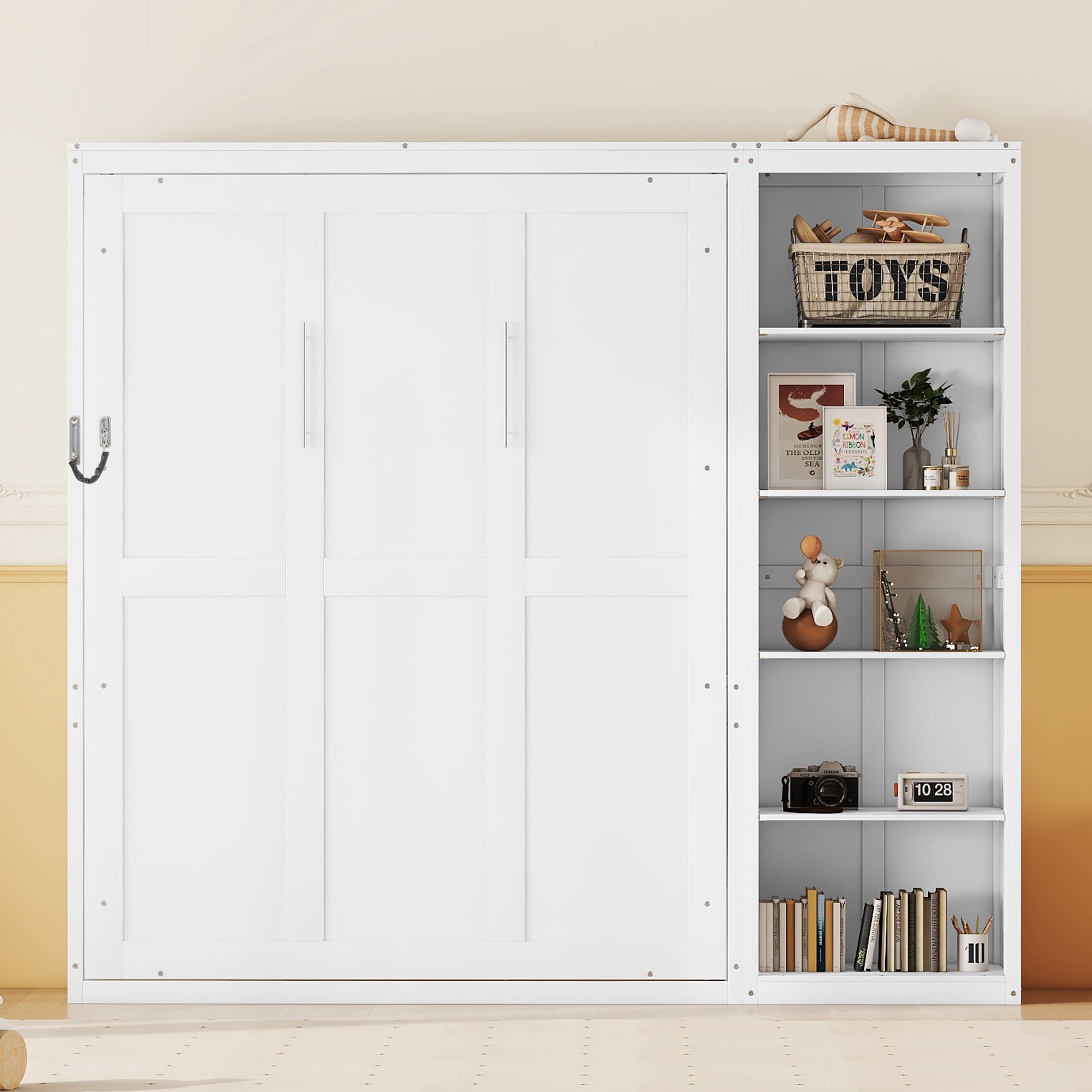 Homy Casa Full Size Murphy Bed with Storage Shelves, White, Foldable Wall Bed