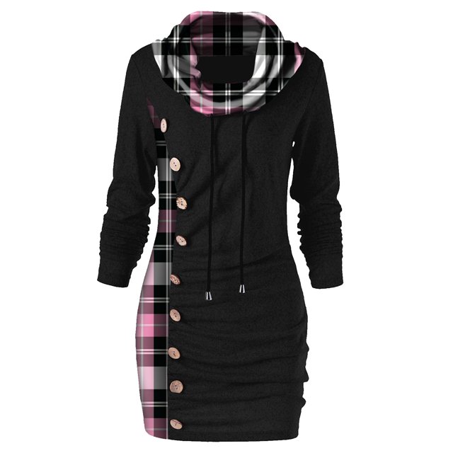 Fridja Robe pour Femmes à Carreaux, Col à Boutons, Cordon de Serrage, Hauts à Coutures, Tunique Décontractée, Chandail à Manches Longues