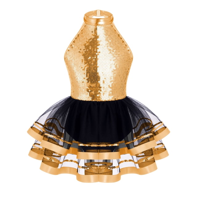 inhzoy Robe de Danse Ballet en Tulle à Sequins pour Filles, Performance Jazz Latine, Champagne 12